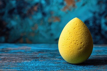 Bright yellow makeup sponge on a teal-blue background