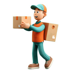 Cartoon delivery man carrying cardboard boxes isolated on transparent background