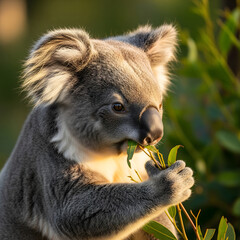 A cute koala, backlit by warm sunlight, eats fresh green leaves, with soft-focused foliage in the background. Generative AI.