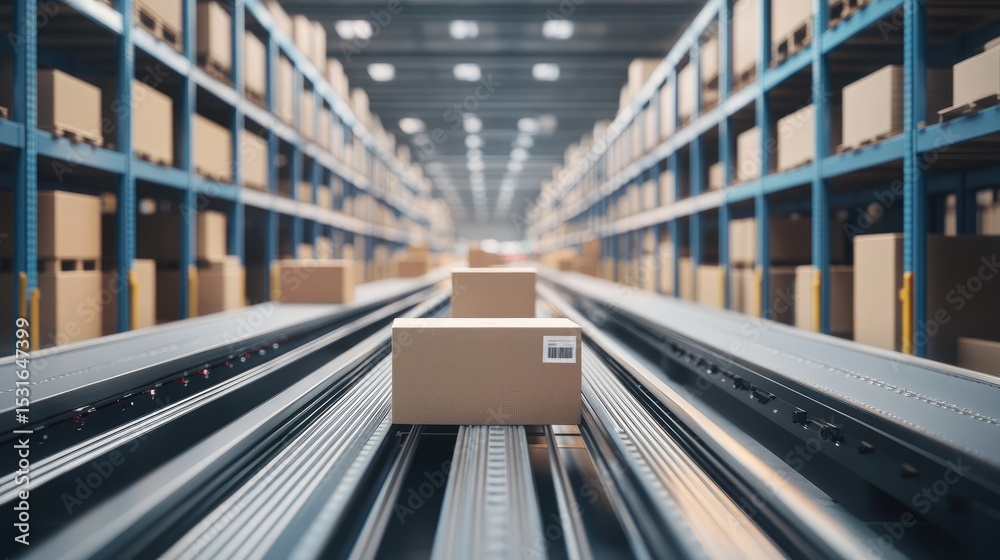Poster smart warehouse with automated sorting systems and conveyor belts transporting boxes