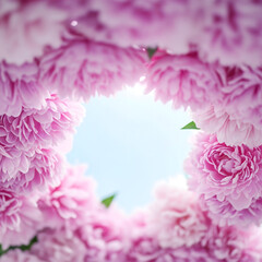 A vibrant, circular arrangement of pink flowers frames a clear blue sky, capturing the essence of spring and natural beauty with soft light. Generative AI.