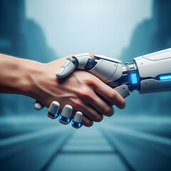 A close-up of a human hand in a suit shaking a futuristic white robotic hand with blue glowing accents, symbolizing collaboration. Generative AI.