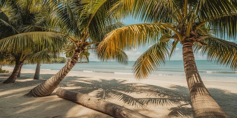 Serene Tropical Beach Paradise with Palm Trees, White Sand, and Calm Turquoise Ocean Waters