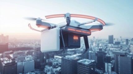 Transport drone flying over a cityscape, carrying a secure package