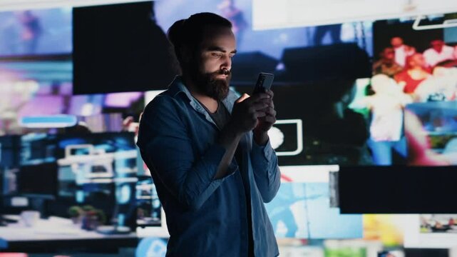 Smartphone user addicted by social media content consumption and obsessive doomscrolling that can trigger anxiety and harmful self esteem issues in the digital world. Overuse isolation. Camera A.