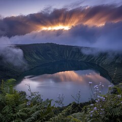 Majestic Sunrise Over Serene Mountain Lake with Dramatic Clouds and Lush Foreground Vegetation