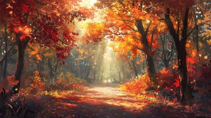 Autumnal forest path bathed in sunlight
