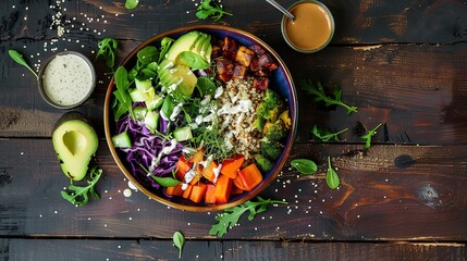 Nutritious Buddha Bowl Food Photography on Dark Background. Vibrant healthy meal with fresh ingredients perfect for diet programs, vegan restaurant menus and organic product packaging designs