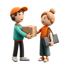 Cartoon delivery guy handing package to customer isolated on transparent background