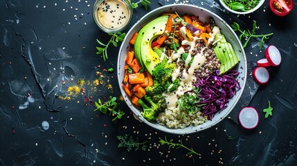 Nutritious Buddha Bowl Food Photography on Dark Background. Vibrant healthy meal with fresh ingredients perfect for diet programs, vegan restaurant menus and organic product packaging designs