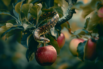 The Original Sin depicted by the demon snake holding the forbidden apple on a branch