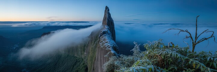Majestic Panoramic Mountain Peak and Misty Clouds at Dawn - Scenic Landscape with Rich Blue Tones