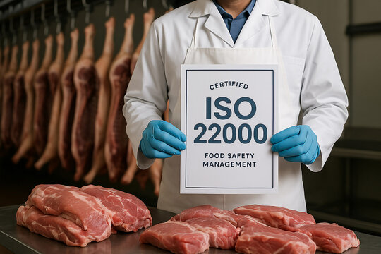 ISO 22000 certified food safety control in slaughterhouse with inspector presenting compliance signage near fresh pork cuts and carcasses in hygienic processing environment