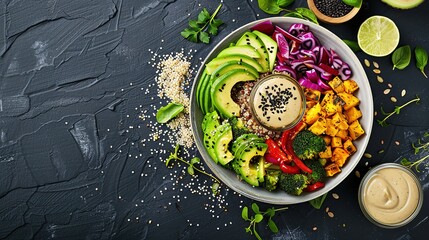 Nutritious Buddha Bowl Food Photography on Dark Background. Vibrant healthy meal with fresh ingredients perfect for diet programs, vegan restaurant menus and organic product packaging designs
