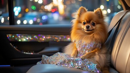 A Pomeranian in a glittery evening gown sitting in a limousine