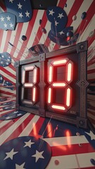 Dynamic Countdown Timer with Digital Numbers Against Patriotic American Flag Background Conceptual Design