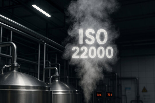 Steam forming the words ISO 22000 above food-grade stainless steel tanks in a food engineering plant ensuring hygiene and quality standards compliance