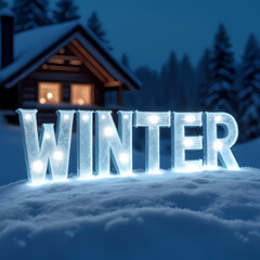 Frosty Word Art 'WINTER' with Cozy Cabin Backdrop

