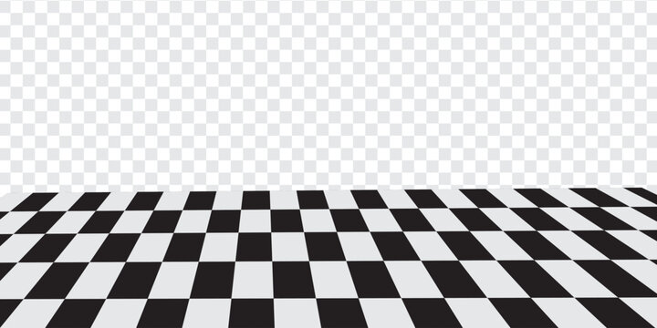 Empty checkerboard in perspective. Tiled mosaic floor. Sloped chessboard plane texture. Inclined board with black and white squares pattern isolated on white background. Vector graphic illustration.