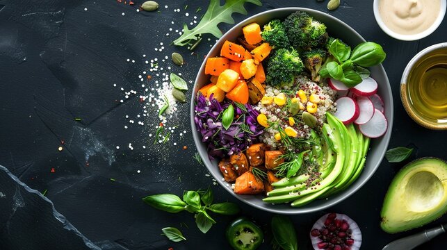 Nutritious Buddha Bowl Food Photography on Dark Background. Vibrant healthy meal with fresh ingredients perfect for diet programs, vegan restaurant menus and organic product packaging designs