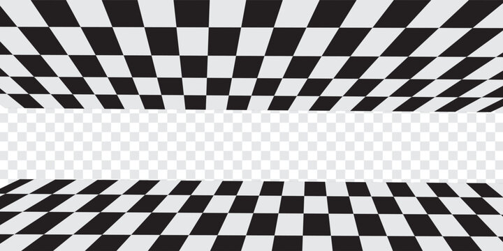 Empty checkerboard in perspective. Tiled mosaic floor. Sloped chessboard plane texture. Inclined board with black and white squares pattern isolated on white background. Vector graphic illustration.