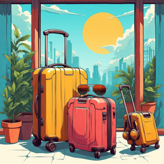 Colorful travel suitcases placed near sunny window with city view  