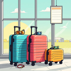 Colorful suitcases with sunglasses at airport terminal during daytime  
