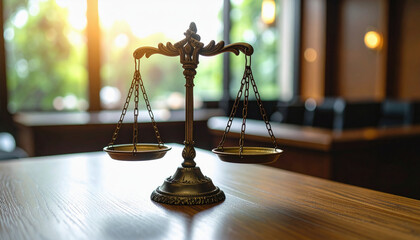 Classic justice scale on wooden table in formal room with sunlight through window and warm legal atmosphere