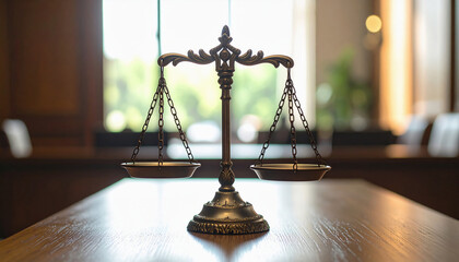 Justice scale on wooden table with warm sunlight through window in formal room with chairs, symbolizing law, fairness, and peaceful legal environment