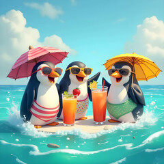 Three penguins enjoying summer drinks on a floating island in the ocean  