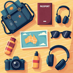 Travel essentials including passport, camera, and map on wood table  