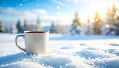 White cup on sparkling snow under soft winter sunlight with drifting snowflakes