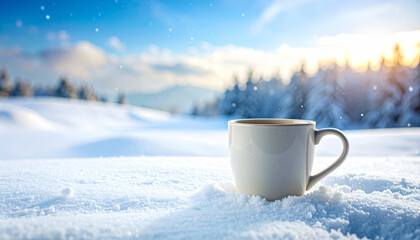 Serene winter scene with a white cup resting on glistening snow under a blue sky with drifting snowflakes