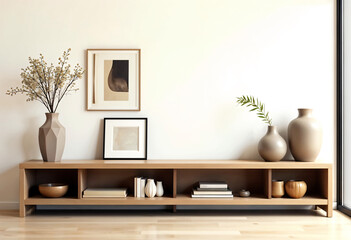 Simple interior design with abstract artwork with 2 picture frames, vase with branches and dried flowers, multi-leaf hall.