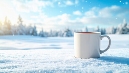 White cup on sparkling snow under soft winter sunlight with drifting snowflakes