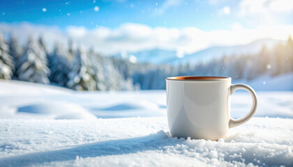 White cup resting on glistening snow under a clear blue sky with falling snowflakes
