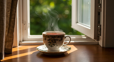 A steaming cup of warm tea was placed near the wooden window, illuminated by the morning sunlight. 
