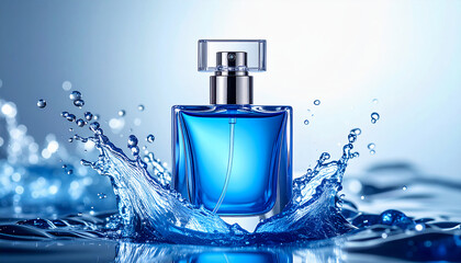 Elegant blue perfume bottle with water splashes and glowing crystals, showcasing modern luxury design and freshness in vibrant product composition