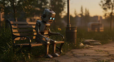 robot sitting on a garden bench carrying flowers 