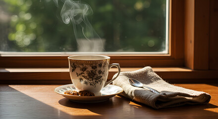 A steaming cup of warm tea was placed near the wooden window, and a spoon on a cloth napkin, illuminated by the morning sunlight. 