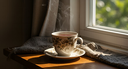 A steaming cup of warm tea is placed near the wooden window, accompanied by two small cakes and a spoon on a cloth napkin, illuminated by the morning sunlight. 
