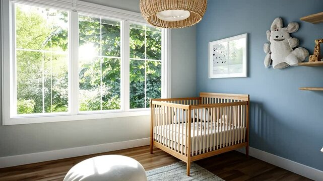 Bright nursery interior with wooden crib sunlight and soft colors home design and decor