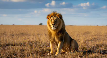 A male lion sits proudly in a wide grassland. 