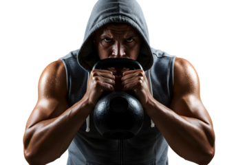 Hooded Man Exercising Strength Training with Kettlebell