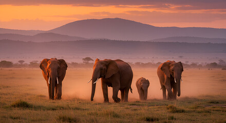 A group of elephants are walking on the vast land in the afternoon 