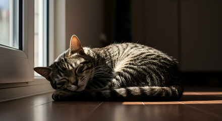 The striped cat sleeps soundly in the warm morning sunlight. 