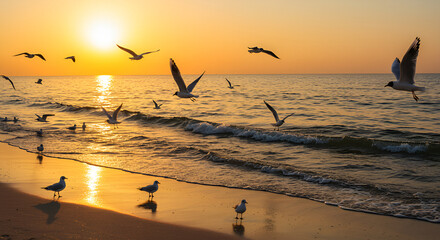 A flock of seagulls fly over the waves of the beach as the sun sets, reflecting golden light on the sea surface. 