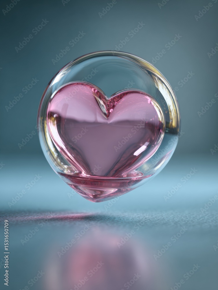 Poster transparent heart floating in a glass globe, illuminated softly in a tranquil and dreamy setting