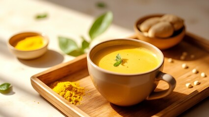 A cup of creamy golden turmeric latte garnished with mint on a wooden tray, surrounded by turmeric powder and nuts in soft natural light.
