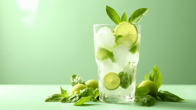 Refreshing lime and mint drink in a glass filled with ice cubes, surrounded by fresh limes and mint leaves on a light green background.